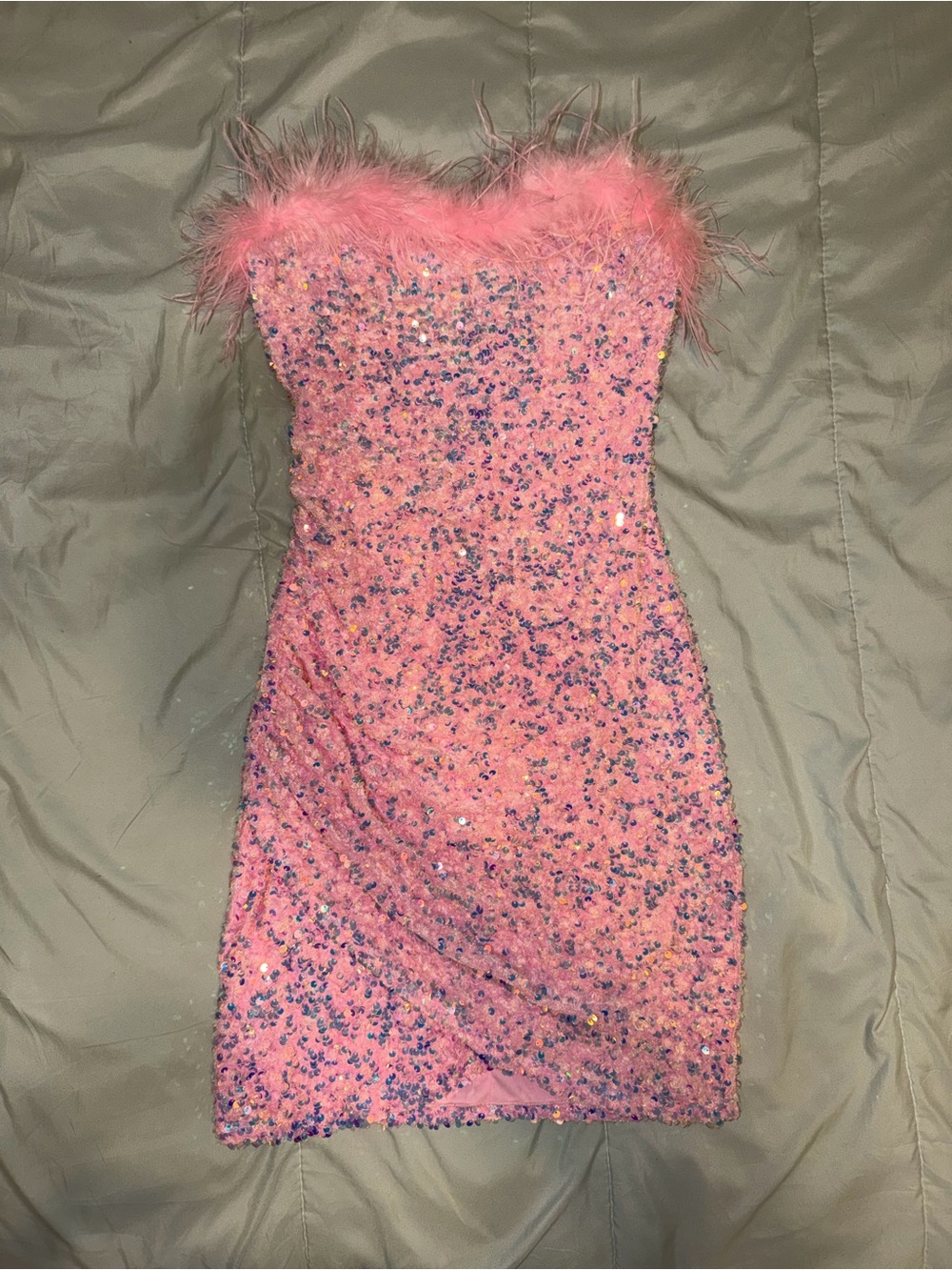 Windsor Pink Sequined Strapless Feather-Trim Dress